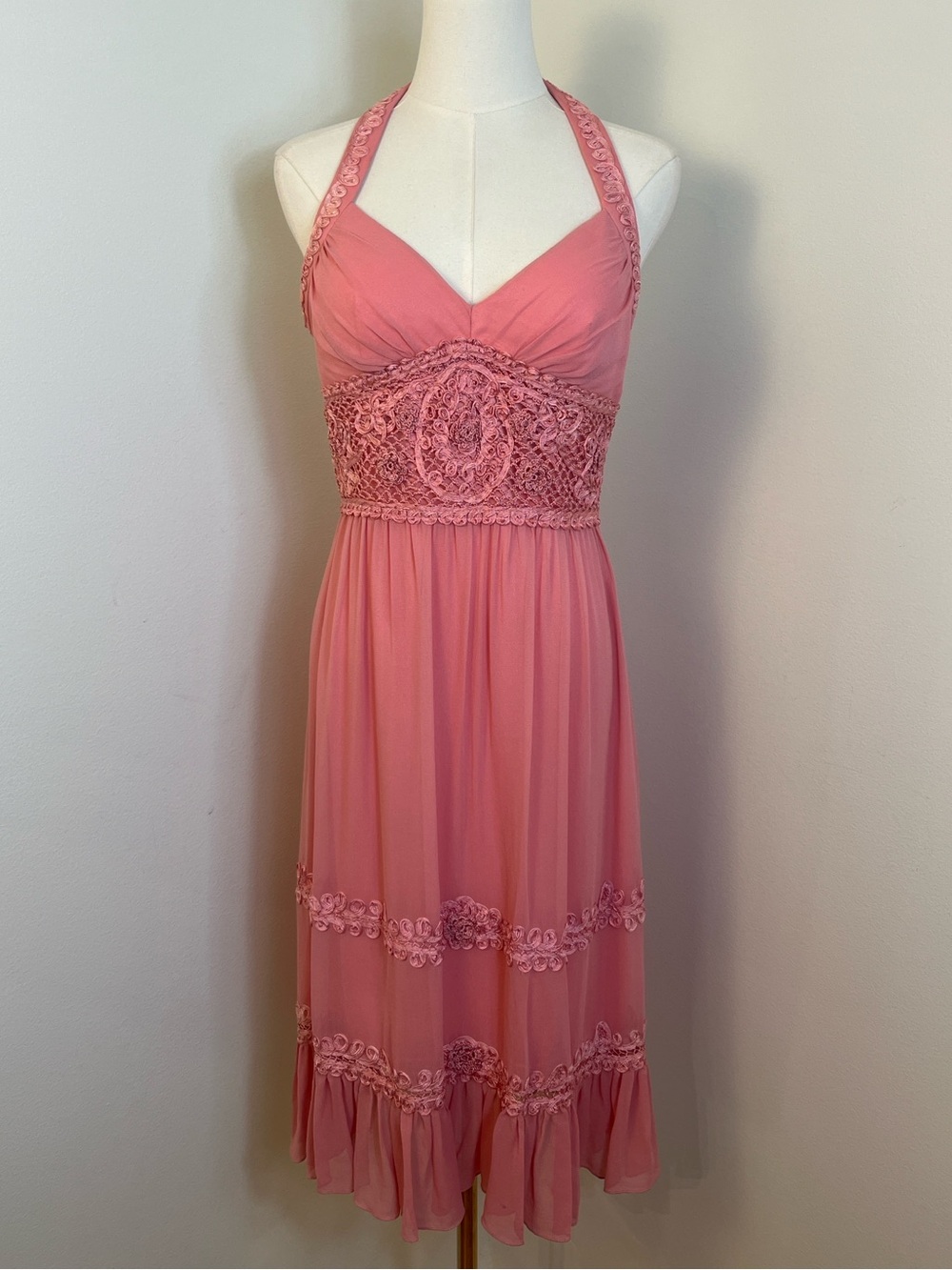 Sue Wong Rose-Pink Silk Lace-Trim Midi Dress